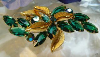 Gorgeous Vintage Emerald Green Glass Marquis Ab Rhinestone Gold Leaf Pin Brooch