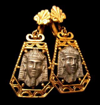 Rare Vintage 1 - 3/4 " Signed Art Two Tone Egyptian Revival Clip Earrings A42