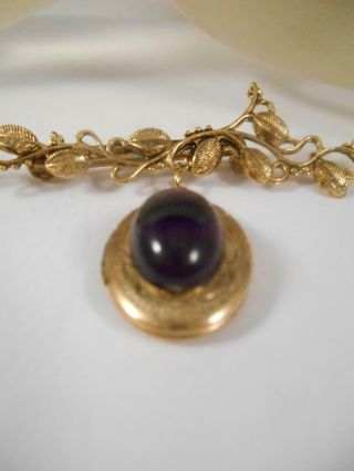 Vintage Brooch Purple Cabochon Gold Tone Locket On Branch Pin 9s2