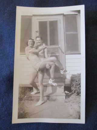 Black & White Photo Naked Man ? Carrying Woman Over Threshold Vintage 1939
