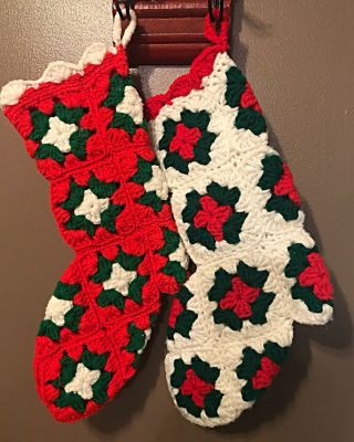Vintage Pair 16” Hand - Made Granny Square Crochet Christmas Stocking Green Red