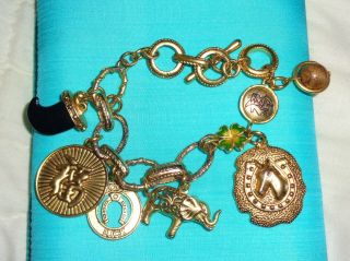 Vintage Gold Tone Lucky Toggle Charm Bracelet Horseshoe,  Clover,  Elephant 8 In