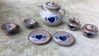 Mini Vintage Owens Pottery Teapot Sugar Creamer Teacups & Plates W Blue Heart