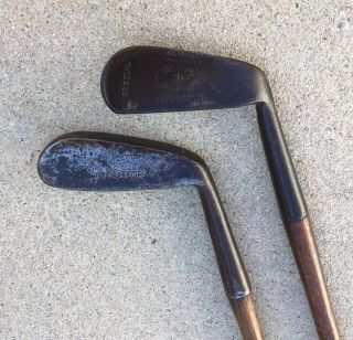 Two Rh Antique,  Vintage,  Hickory Wood Shaft Golf Clubs With Leather Grips