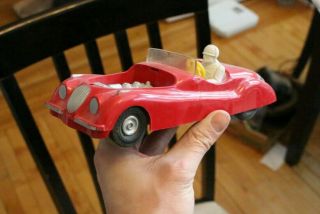 Vintage Saunders Plastic Red Jaguar Sports Car Convertible Toy Hot Rod Tin
