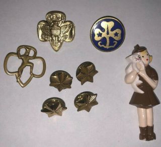 8 Vintage Girl Scout Pins Brownie Scouts Pin Cat Plastic Membership Pins Stars