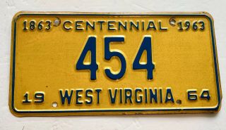 Vintage License Plate 1964 Centennial West Virginia Plate No.  454