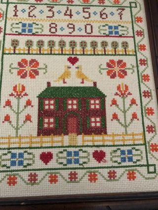 Vintage Completed Cross Stitch Sampler House Flowers Numbers Birds Framed