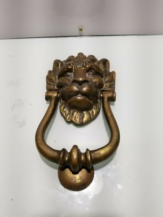 Large Vintage Solid Antique Brass Lion Head Door Knocker,  Strike Plate,  Peep