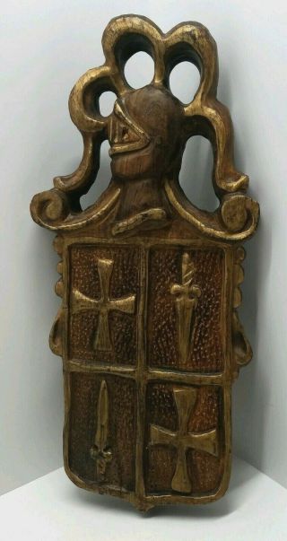 Vtg Medieval Wood Carved Gothic Knight Shield Wall Plaque Home Decor Cross Sword