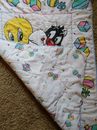 Vintage Warner Bros.  Baby LOONEY TUNES Crib Blanket/Comforter 1993 Blue Trim 2