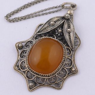 Vintage Sterling Silver Filigree Butterscotch Amber Pendant Necklace