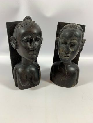 Vintage Set Of 2 Hand Carved Wooden African Tribal Heads Bookends Dark Wood E3