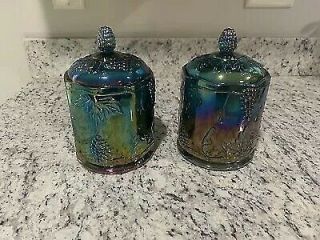 " Vintage " Indiana Glass Company " Harvest " Blue Carnival Glass Canister Set