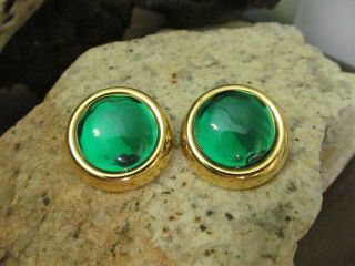 Vintage Gold Tone Oscar De La Renta Green Emerald Cabochon Round Earrings