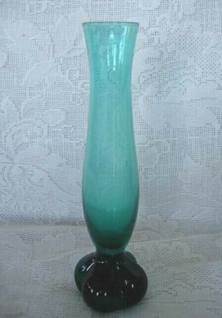 Vintage Collectible Teal Green Hand Blown Glass Footed Bud Vase - Rough Pontil