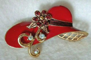 Vintage Fancy Red Hat Society Pin Brooch Enamel,  Rhinestones,  By Avon