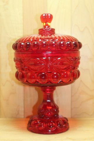 Vintage Mosser Glass Round Covered Candy Dish - Ruby Red - Eyewinker Pattern