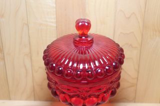 Vintage Mosser Glass Round Covered Candy Dish - Ruby Red - Eyewinker Pattern 2