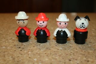 3 Vtg Fisher Price Little People Firemen Plastic Wooden White Red Fireman & Dog