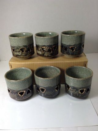Vintage Somayaki Soma Ware Japanese Tea Cups,  Box Of 6