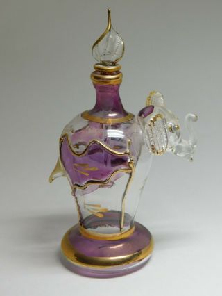 Vintage Blown Art Glass Figural Elephant Perfume Bottle Purple Gold Metallic