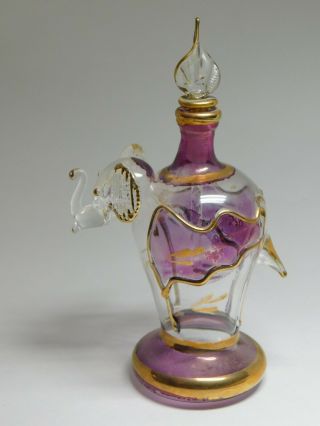 Vintage Blown Art Glass Figural Elephant Perfume Bottle Purple Gold Metallic 3