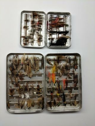 Vintage Metal Fly Fishing Fly Box With Hand Tied Flies