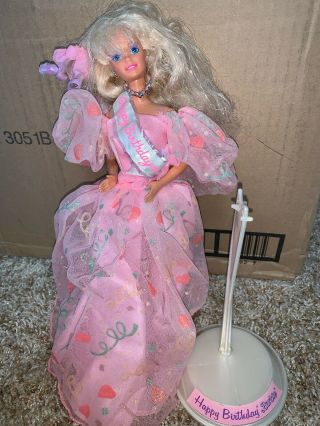 1990 Happy Birthday Barbie Doll With Stand Dress Jewelry
