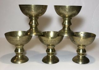 Set Of 5 Vintage Ornate Hand Etched Brass Stemmed Goblet Cup 4” Tall