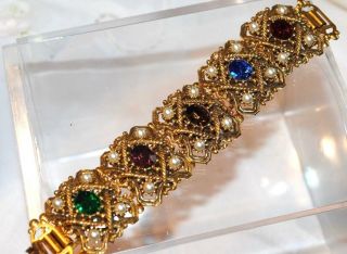 Vtg 50s Faux Citrine Sapphire Ruby Emerald Pearl Rhinestone Cabochons Bracelet