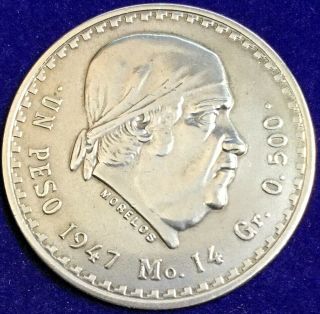 Vintage 1947 Mexico Silver Morelos 1 Peso Coin Au