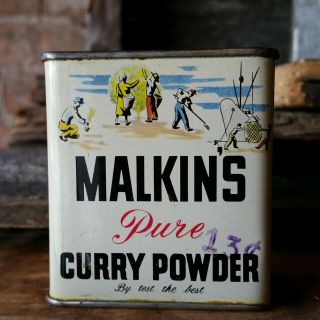Vintage Malkins Metal Spice Tin With Curry Powder Great Graphics