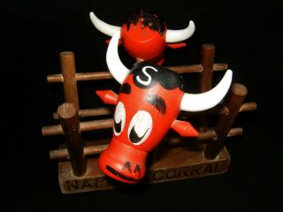 Vtg Mid Century Wood Bull Figural Salt & Pepper Shakers & Napkin Corral Japan