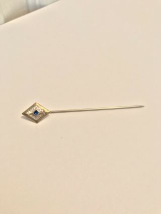 Antique Art Deco 14K White Gold Blue Sapphire Filigree 2.  5” Stick Pin 2