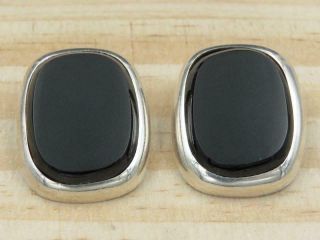 Vintage Taxco Mexico Sterling Silver Black Onyx Modernist Clip - On Earrings