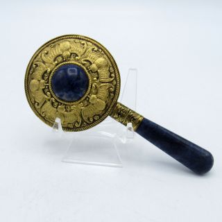 Vintage Gold Tone Metal Hand Held Vanity / Purse Mirror With Blue Marble,  Nr