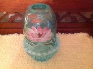 Vintage Fenton Aqua Hand Painted Waterlily Fairy Lamp Signed By Artist