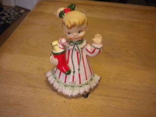 Vintage Norcrest Christmas Holiday Figurine Little Girl With Stocking Foil Stick