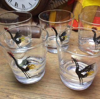 Set Of Five Awesome Vintage Federal Glass Black Rooster Cock Tumblers Bar Retro
