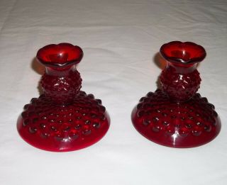 Vintage Fenton Glass Pair Ruby Red Hobnail Candle Holders