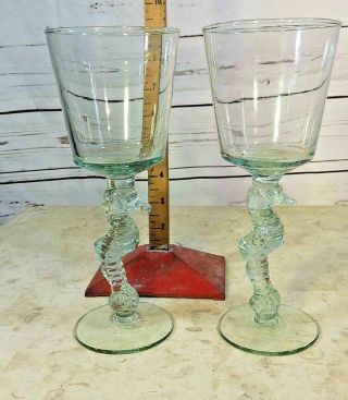 2 Cup Set Vintage Hand Blown Seahorse Pattern Stemmed Wine Glasses