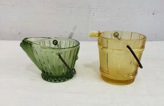 2 Vintage Miniature Glass Bucket Ashtray Toothpick Holders Metal Handle