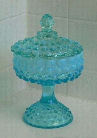 Vintage Fenton Blue Opalescent Glass Hobnail Compote Candy Dish W Matching Lid