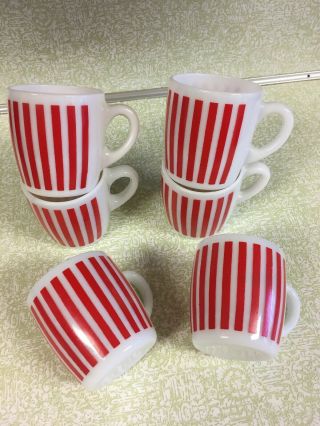 Hazel Atlas Milk Glass Platonite Red Candy Stripe Mug Vintage 1950s Set Of 6