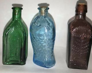 3 Vintage Miniature Glass Bottles Fischs Bitters Fish Chief Wahoo Straub Hullers 5