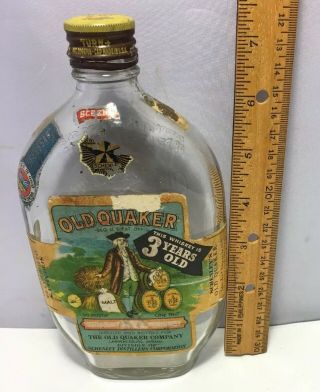 Vintage Pint Old Quaker Straight Rye Whiskey Bottle Paper Label Cap