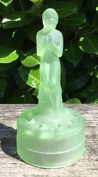 Old Vintage 1930s Art Deco Frosted Green Sowerby Glass Seated Nude Flower Frog