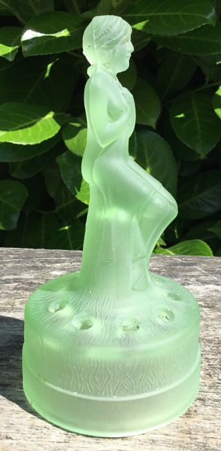 Old Vintage 1930s Art Deco Frosted Green Sowerby Glass Seated Nude Flower Frog 2