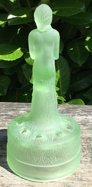Old Vintage 1930s Art Deco Frosted Green Sowerby Glass Seated Nude Flower Frog 3